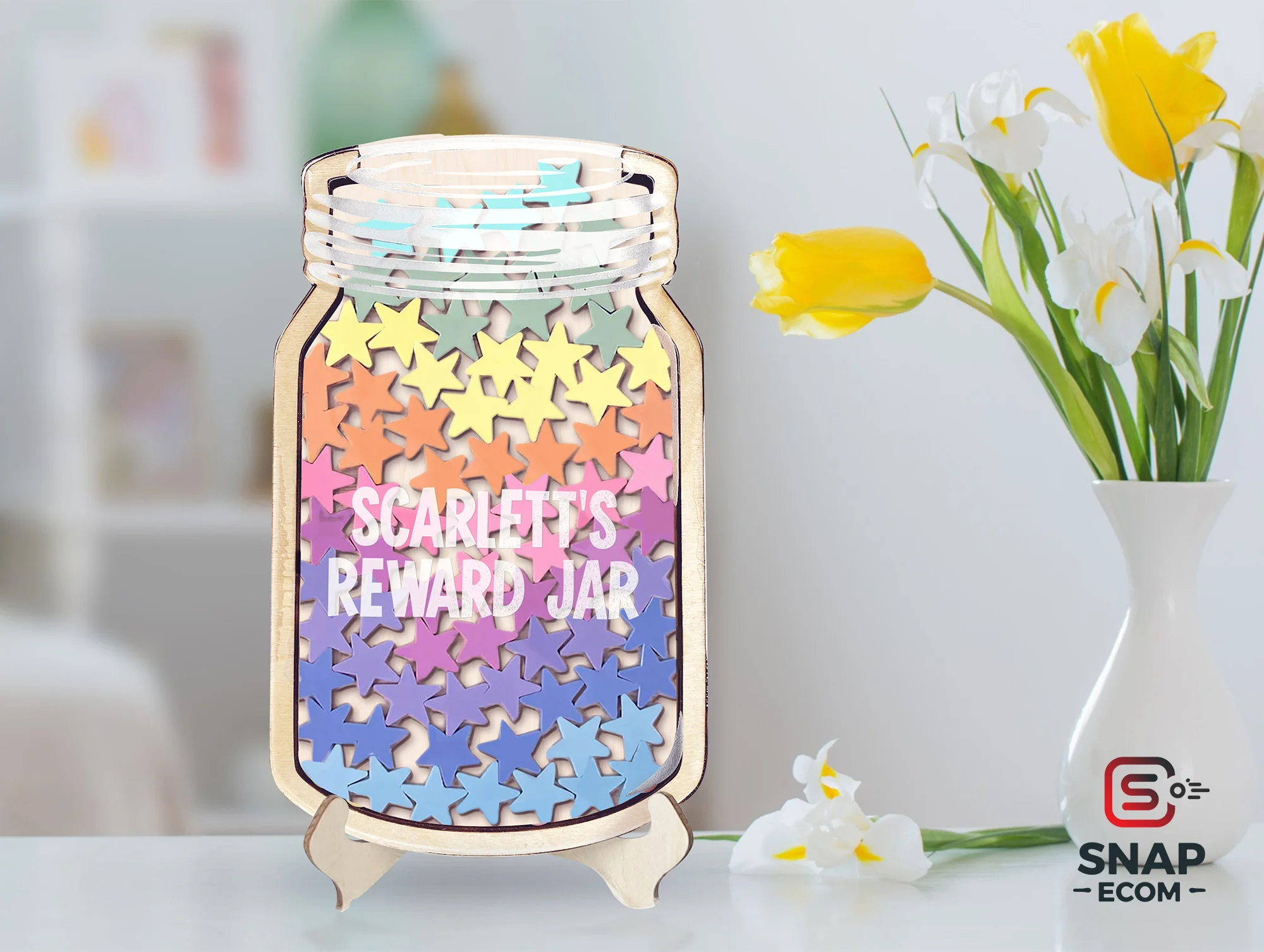 Personalized Reward Jar for Kids Mix Wood and Acrylic - 3 layers - 5