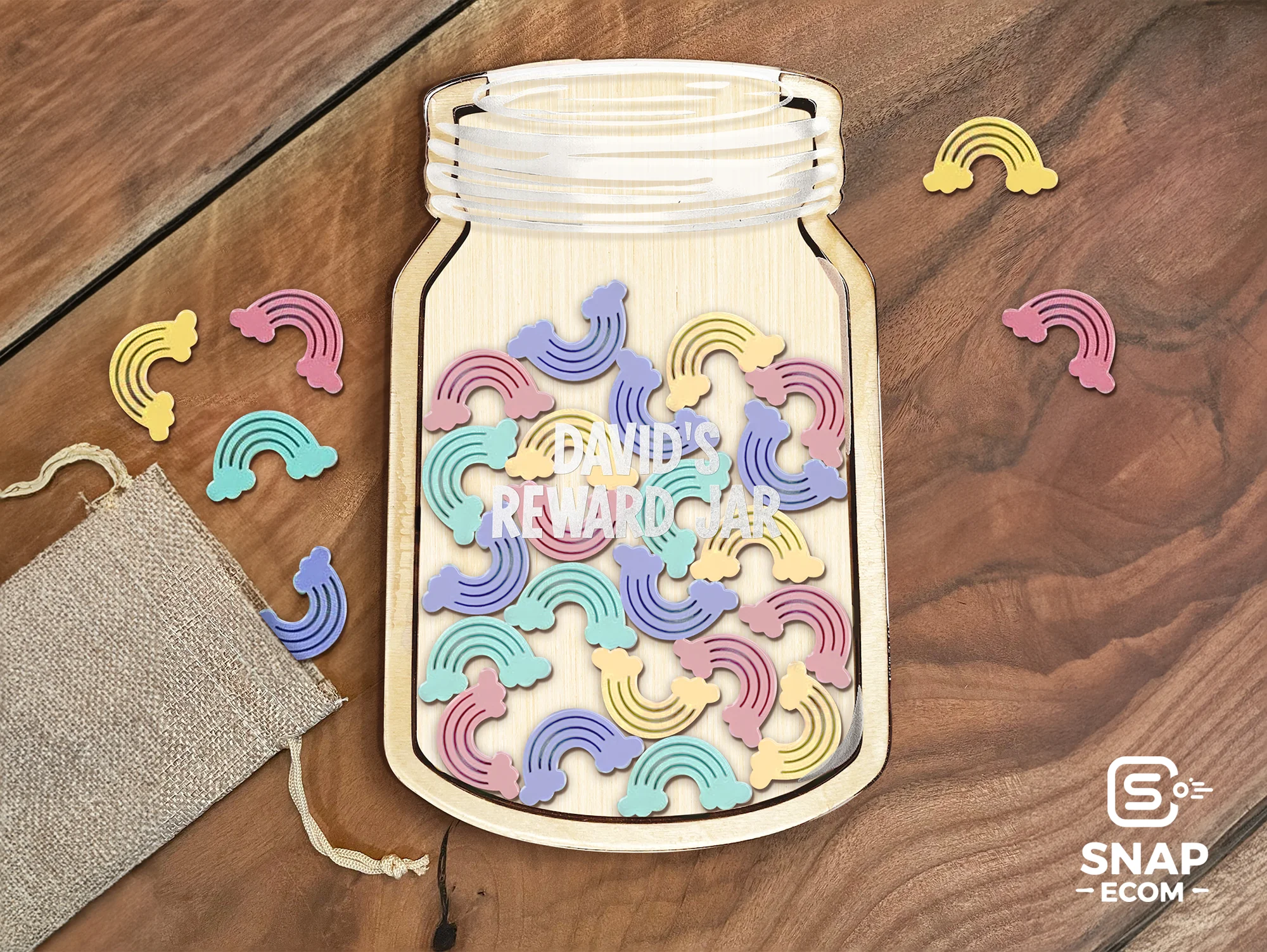 Personalized Reward Jar for Kids Mix Wood and Acrylic - 3 layers - 11